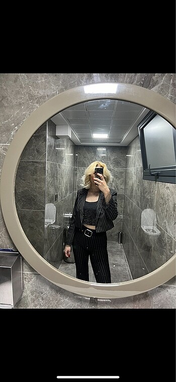 Siyah Çizgili Takım Crop Blazer Spor Klasik