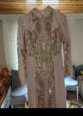 Pembe Nakışlı Uzun Dantel Abiye Elbise - Görsel 3