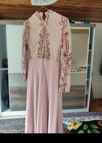 Pembe Nakışlı Uzun Dantel Abiye Elbise - Görsel 2