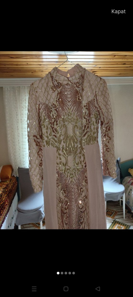 Pembe Nakışlı Uzun Dantel Abiye Elbise - Görsel 3