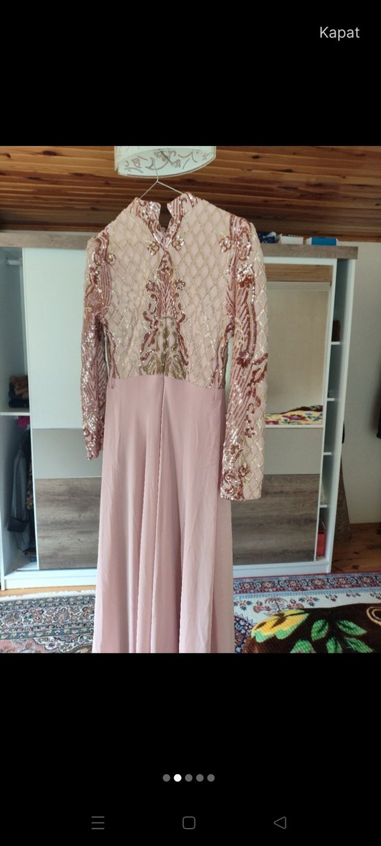 Pembe Nakışlı Uzun Dantel Abiye Elbise - Görsel 2