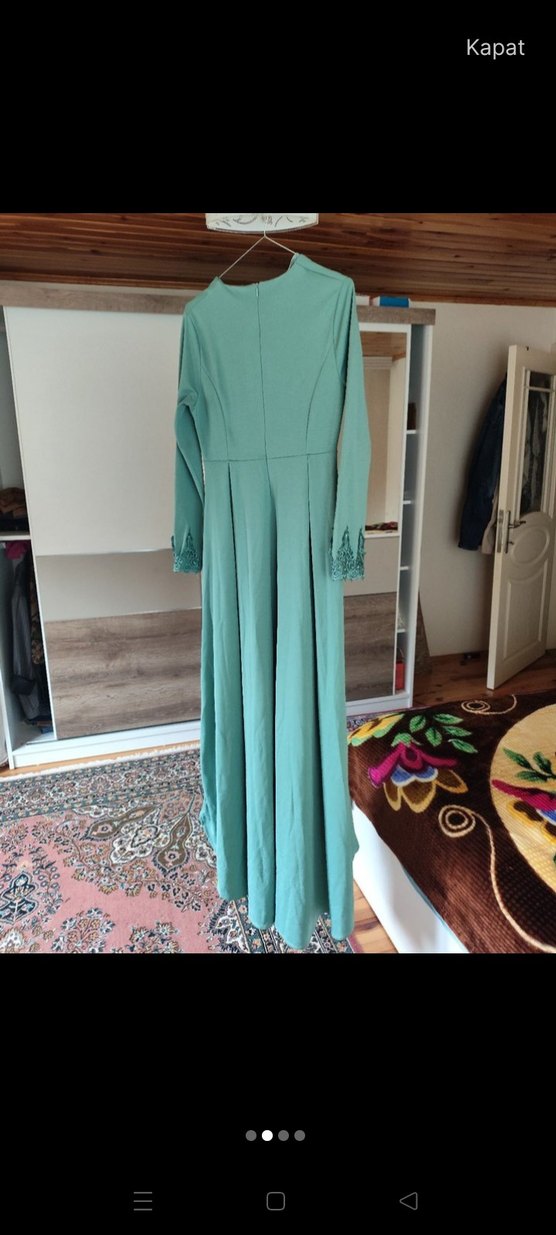 Bohem Tarz Uzun Turkuaz İşlemeli Elbise - Görsel 3