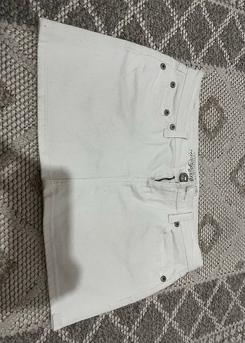 Beyaz vintage parıltılı mini kot etek - Görsel 3