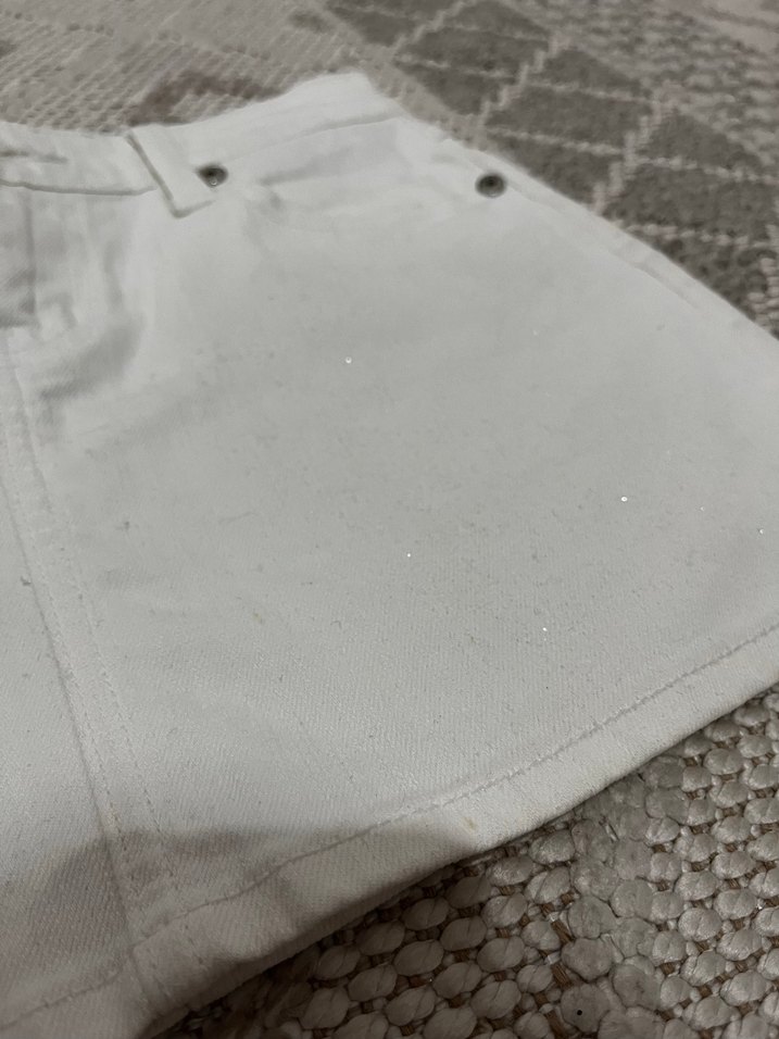 Beyaz vintage parıltılı mini kot etek - Görsel 4