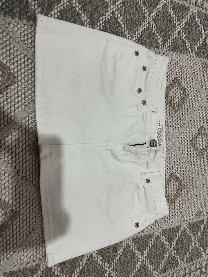 Beyaz vintage parıltılı mini kot etek - Görsel 3