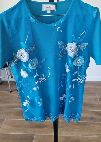 Mavi Nakışlı Kısa Kollu Bohem Bluz