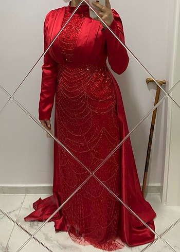 Uzun Kollu Kırmızı Sade Saten Abiye nişan elbisesi - Görsel 4