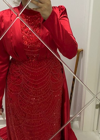 Uzun Kollu Kırmızı Sade Saten Abiye nişan elbisesi - Görsel 6