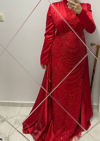 Uzun Kollu Kırmızı Sade Saten Abiye nişan elbisesi - Görsel 5