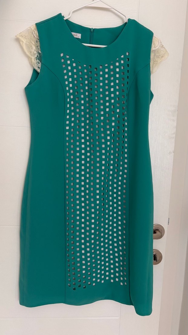 Dantel Detaylı Turkuaz Uzun Elbise - Görsel 2