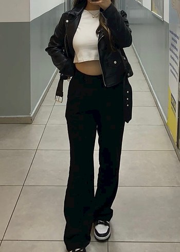 Kadın Siyah Deri Biker Ceket Kemerli - Görsel 2