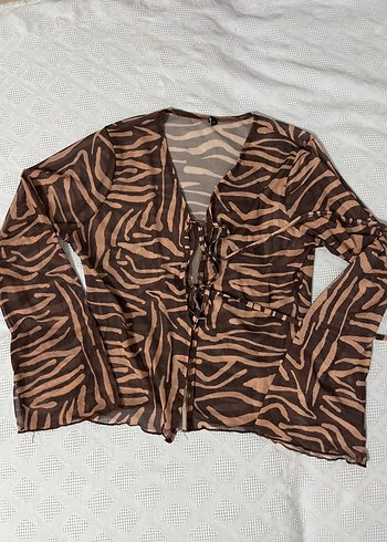 Kahverengi Zebra Desenli Tül Bluz