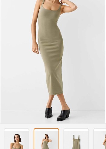 Bershka askılı kare yaka midi elbise