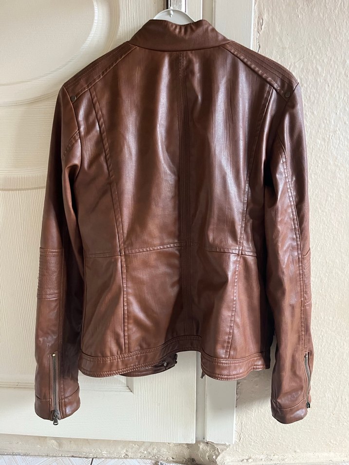 Kahverengi Deri Kadın Biker Ceket - Görsel 2