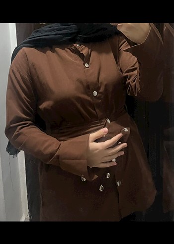 Düğmeli çıtçıtlı Uzun Kollu Kahverengi Kadın gömlek