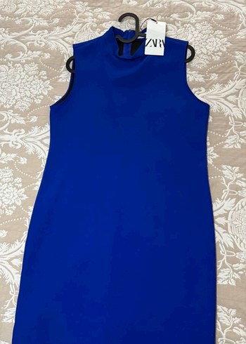 Zara Kolsuz Yüksek Yakalı Mavi Kadın  mini elbise - Görsel 3