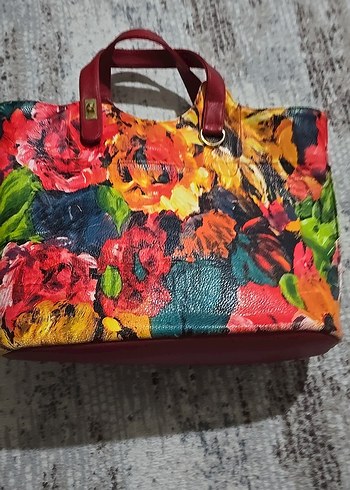 Çiçek Desenli Çok Renkli Deri Kadın Çantası - Görsel 2