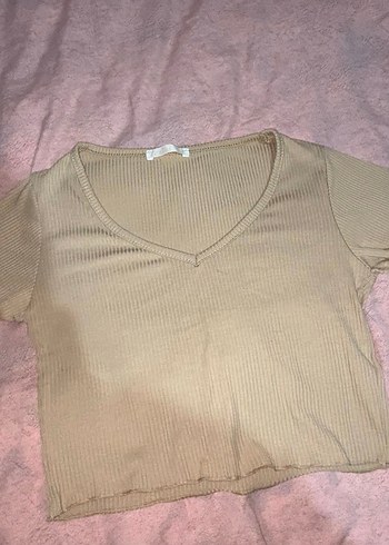 Bej V Yaka Kısa Kollu Crop Top - Görsel 2