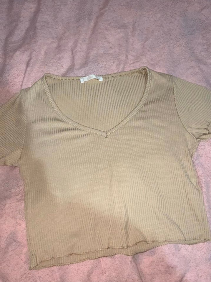 Bej V Yaka Kısa Kollu Crop Top - Görsel 2