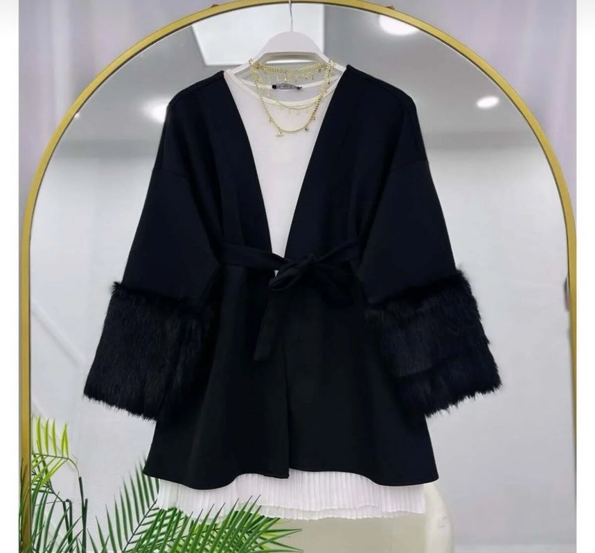 Kürklü Siyah scuba ceket - Görsel 2