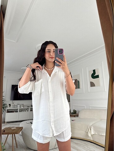 Keten gömlek şort takım - Görsel 6
