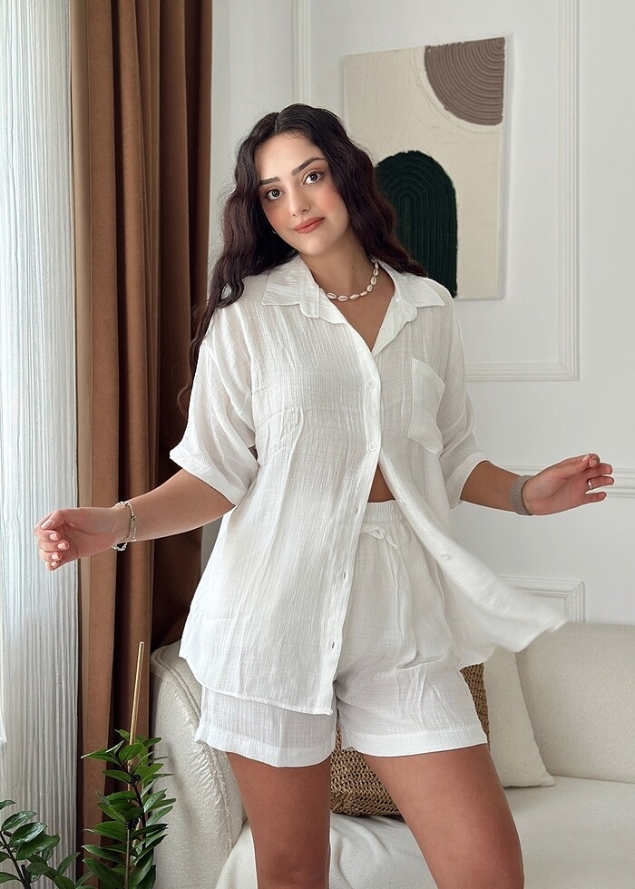Keten gömlek şort takım - Görsel 4