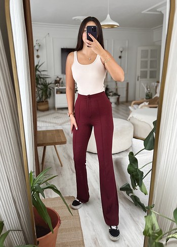 Bordo Düğmeli Kadın Kumaş Pantolon - Görsel 11