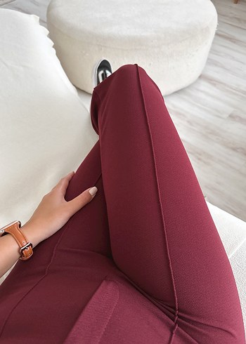 Bordo Düğmeli Kadın Kumaş Pantolon - Görsel 9