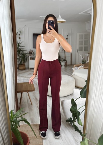 Bordo Düğmeli Kadın Kumaş Pantolon - Görsel 12