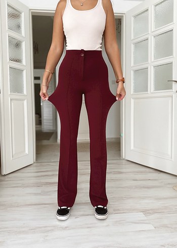 Bordo Düğmeli Kadın Kumaş Pantolon - Görsel 2