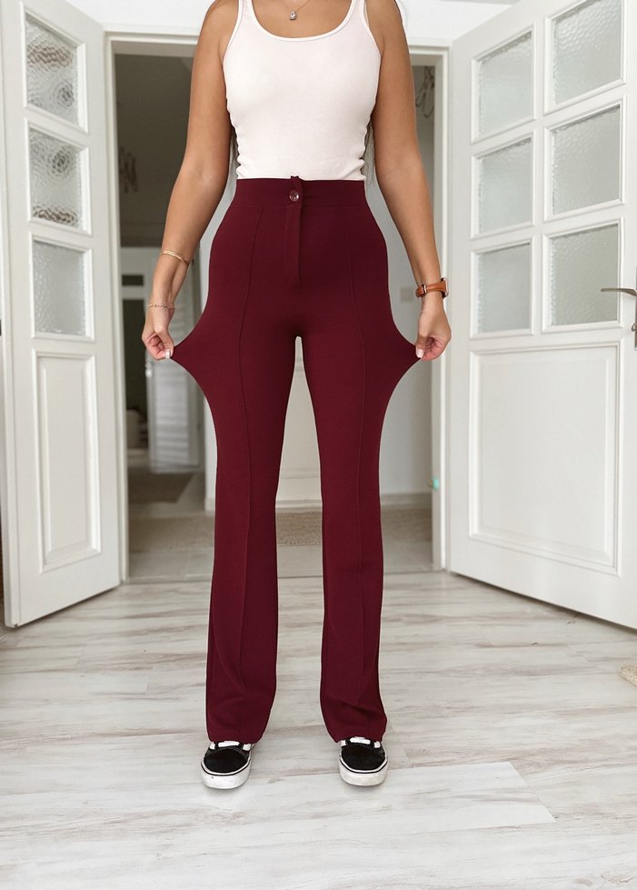 Bordo Düğmeli Kadın Kumaş Pantolon - Görsel 2