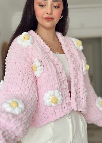 Puffy Örgü Kadın pembe çiçekli Hırka - Görsel 2