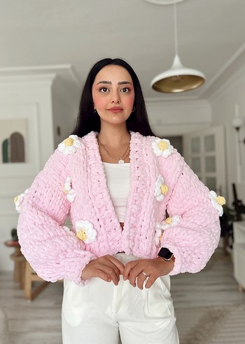 Puffy Örgü Kadın pembe çiçekli Hırka - Görsel 5