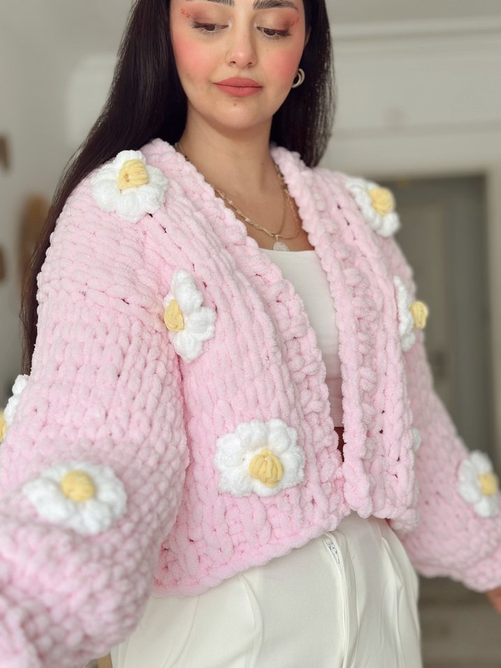 Puffy Örgü Kadın pembe çiçekli Hırka - Görsel 2