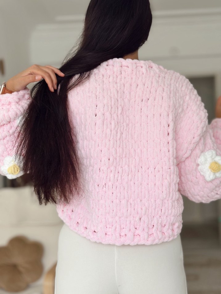 Puffy Örgü Kadın pembe çiçekli Hırka - Görsel 3