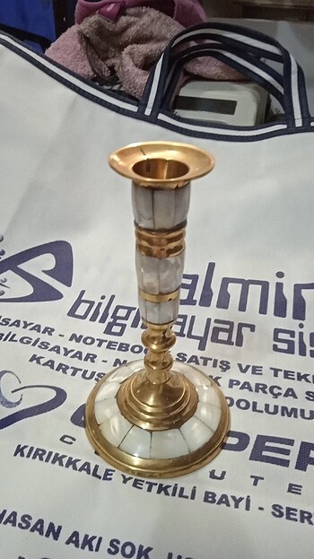 Antika pirinç sedef işlemeli şamdan