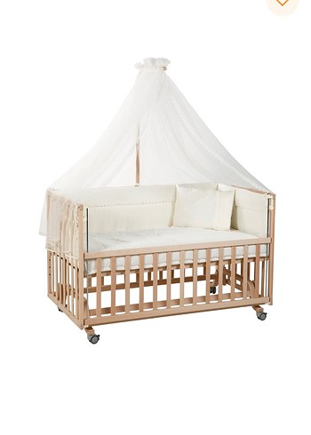 Bej Ahşap Bebek Beşiği Tül Perde ve Işıklarla - Görsel 3