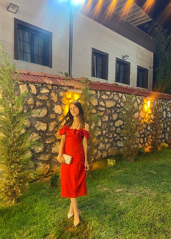 s Beden kırmızı Renk Kırmızı Drapeli Midi Straplez Elbise