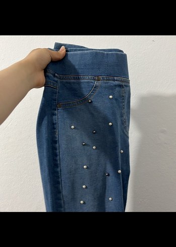 Boncuk İşlemeli Parlak Mavi Kadın esnek Pantolon - Görsel 2