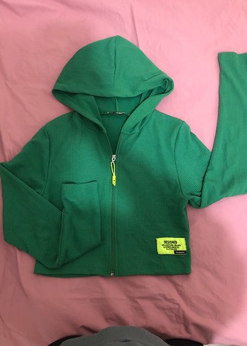 Kadın Yeşil Fermuarlı Kapüşonlu Sweatshirt