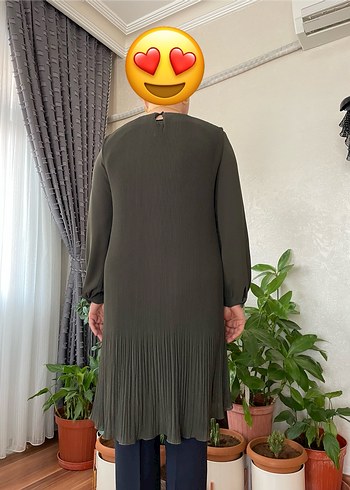 42 Beden haki Renk Piliseli yeşil Kadın Tunik, Uzun Kollu, Salaş Kesim
