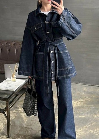 Kemerli Lacivert Kadın Denim Takım