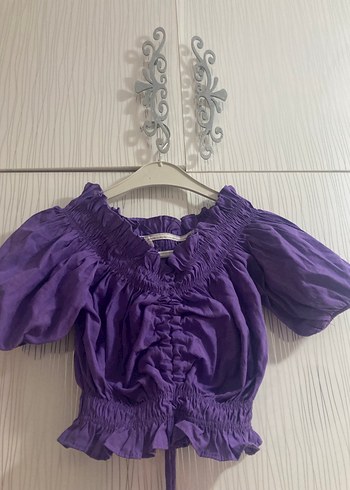 Trendyol & Milla Mor Kısa Keten Bluz, Fırfırlı, V Yaka
