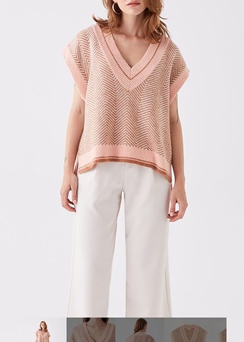 V Yaka Bej Kısa Triko Süveter - Görsel 5