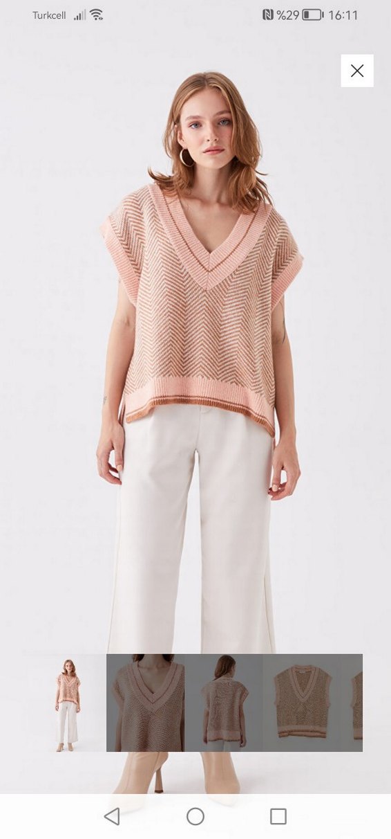 V Yaka Bej Kısa Triko Süveter - Görsel 5