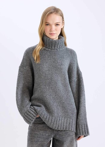 Gri Yüksek Yakalı Örgü Kadın Kazak - Görsel 5