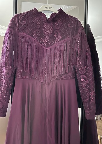 Uzun Kollu Mor Gotik Abiye Elbise - Görsel 2