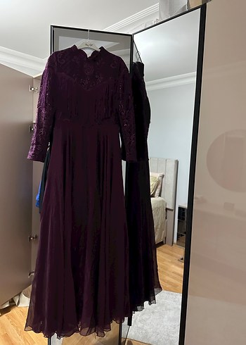 Uzun Kollu Mor Gotik Abiye Elbise - Görsel 3