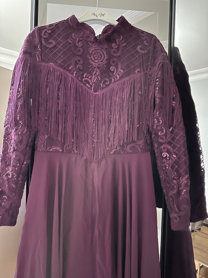 Uzun Kollu Mor Gotik Abiye Elbise - Görsel 2