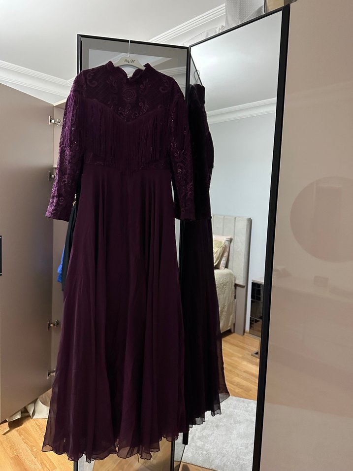 Uzun Kollu Mor Gotik Abiye Elbise - Görsel 3